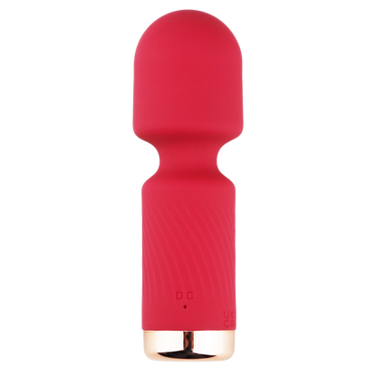 Red silicone mini wand vibrator with gold base on transparent background