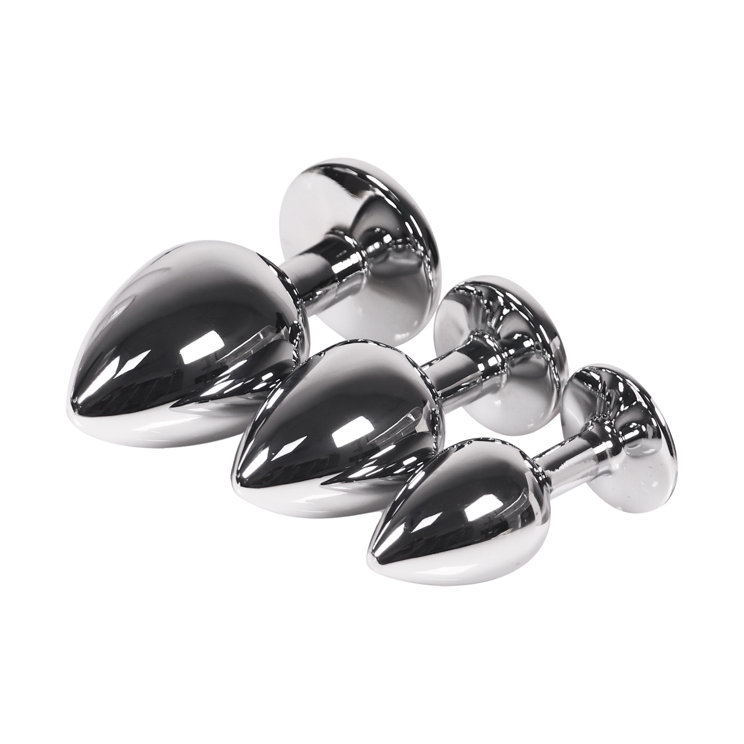 Set of silver butt plugs in three sizes on a transparent background