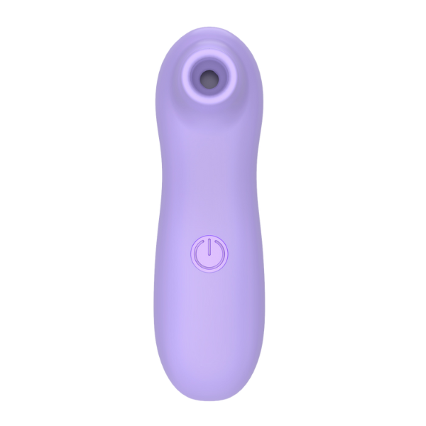 Purple clit-sucking vibrator with a power symbol on a white background