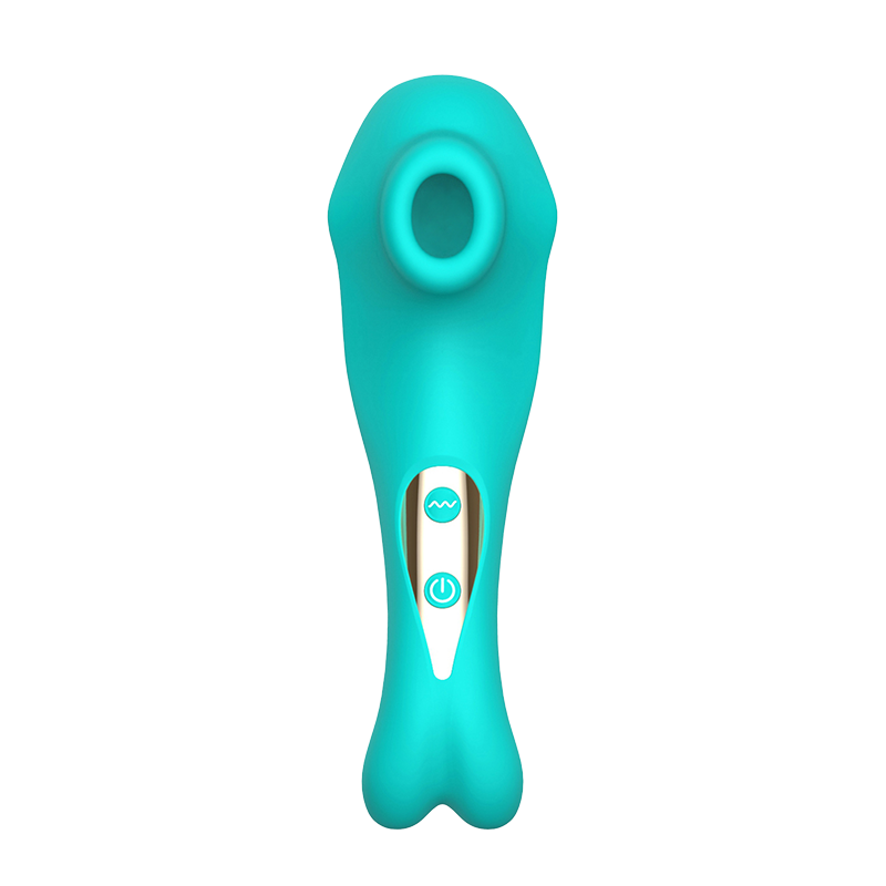 Turquoise handheld clit sucking vibrator on a white background