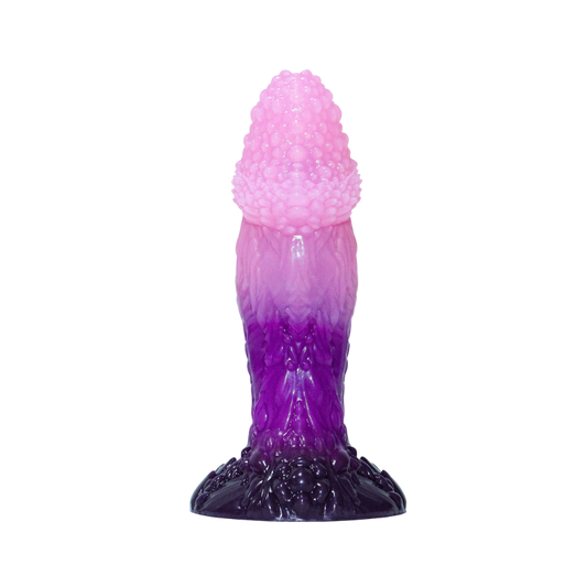 Purple and pink silicone textured dildo on a white background