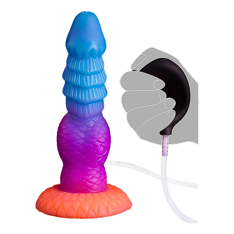 Colorful silicone dildo with manual pump on a white background
