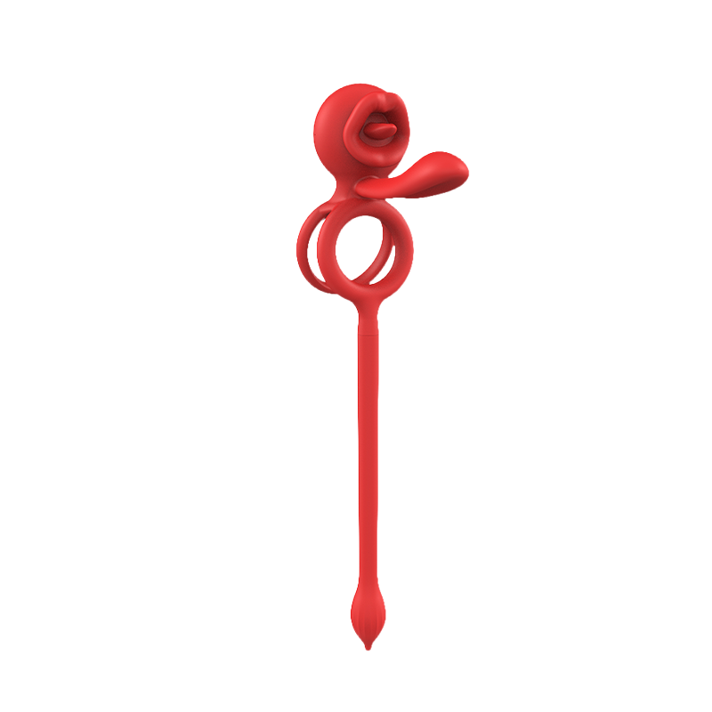 Red silicone cock ring with a unique design on a transparent background